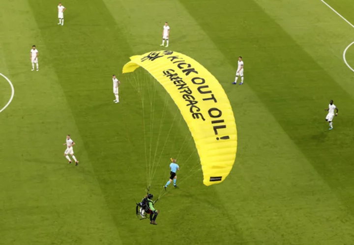 A Greenpeace activist is fined for crash-landing a parachute in stadium before Germany-France match