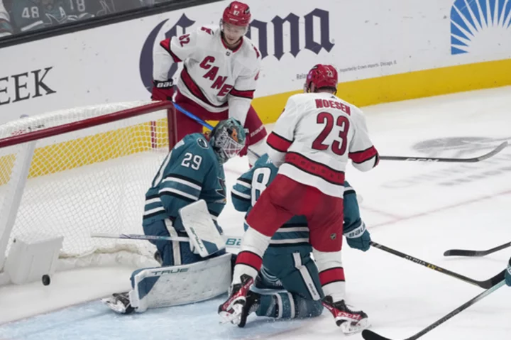 Seth Jarvis scores 2 power-play goals as the Carolina Hurricanes beat the San Jose Sharks 6-3