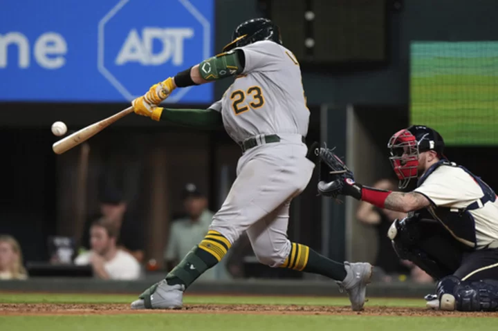 Shea Langeleirs hits 2-run homer to break tie in 6th, Athletics beat reeling Rangers 6-3