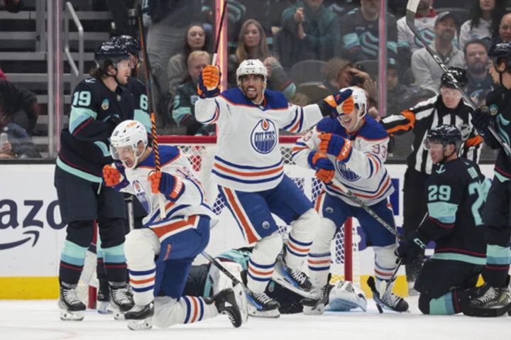 Hyman scores 3 1st-period goals, Oilers snap 4-game losing streak with 4-1 win over Kraken