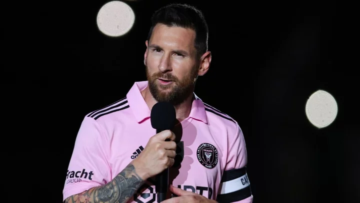 Lionel Messi hails Inter Miami supporters during Ballon d'Or presentation